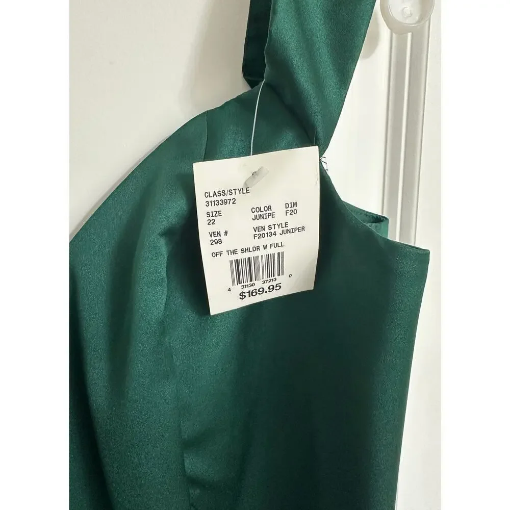 💚 David’s Bridal Satin Off-Shoulder Gown – Juniper Dream, Size 22 (NWT) 💚